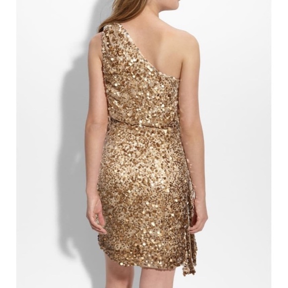 Aidan Mattox One Shoulder Cream & Gold Sequined Cocktail Party Dress Size 8 - Picture 2 of 8